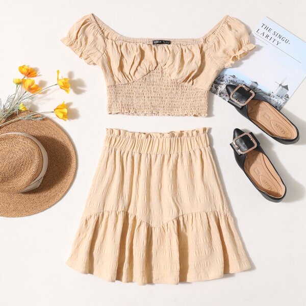 

Ruched Bust Shirred Crop Top & Paperbag Waist Ruffle Hem Skirt Set, Khaki