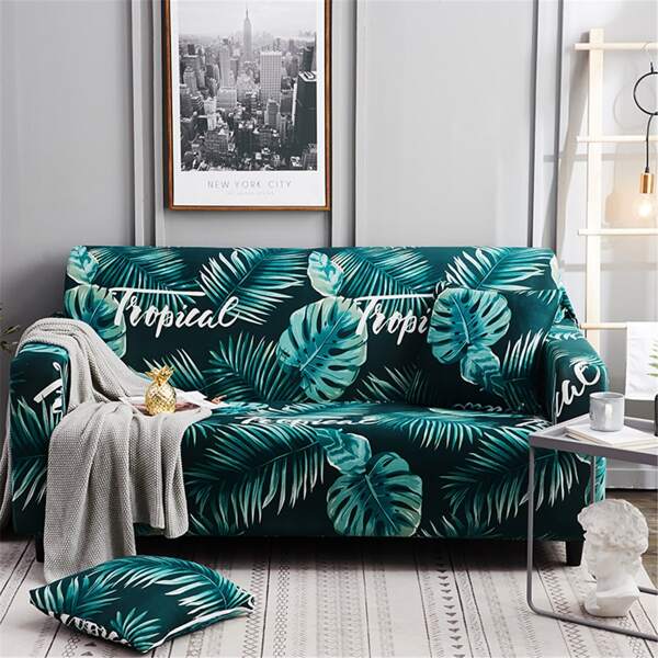

Leaf Print Sofa Slipcover & 1pc Cushion Cover Without Filler, Green