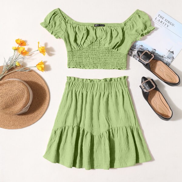 

Ruched Bust Shirred Crop Top & Paperbag Waist Ruffle Hem Skirt Set, Lime green