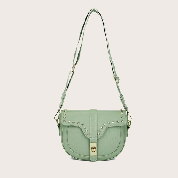 

Croc Embossed Studded Decor Saddle Bag, Green