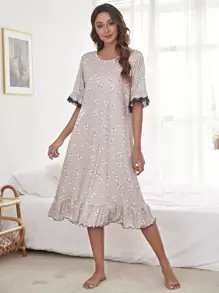 Ditsy Floral Lace Insert Lettuce Trim Sleep Dress - Dusty Pink - View 1