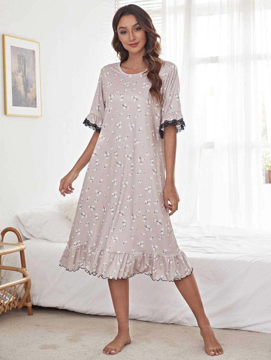 Ditsy Floral Lace Insert Lettuce Trim Sleep Dress - Dusty Pink - View 1
