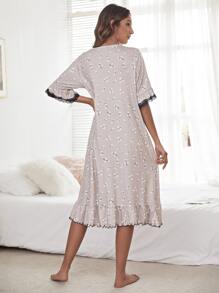 Ditsy Floral Lace Insert Lettuce Trim Sleep Dress - Dusty Pink - View 2