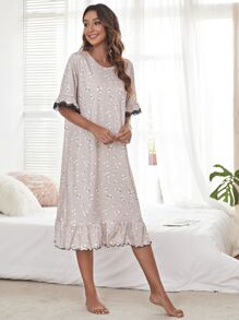 Ditsy Floral Lace Insert Lettuce Trim Sleep Dress - Dusty Pink - View 3