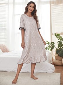 Ditsy Floral Lace Insert Lettuce Trim Sleep Dress - Dusty Pink - View 5