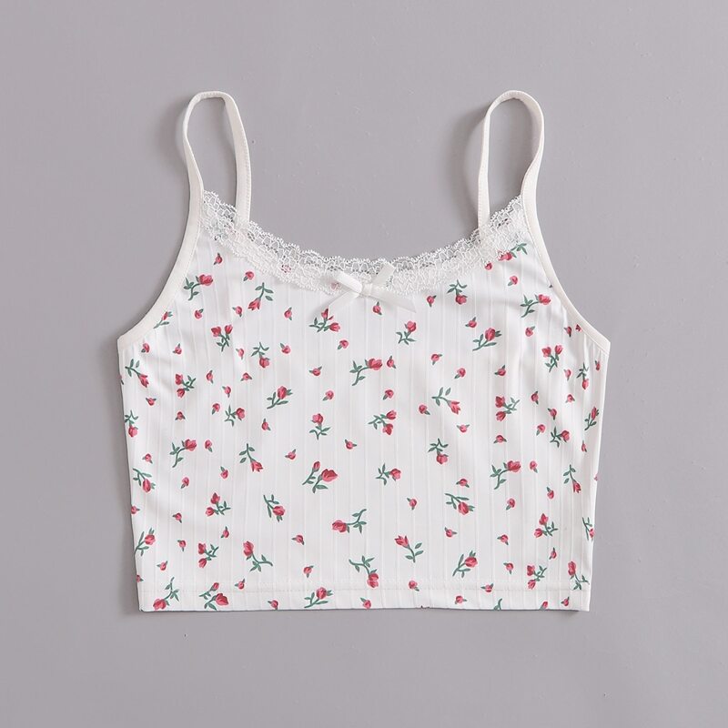 

Lace Trim Ditsy Floral Crop Cami, White