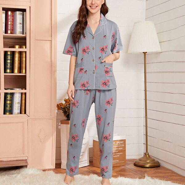 

Floral Print Dual Pocket PJ Set, Grey