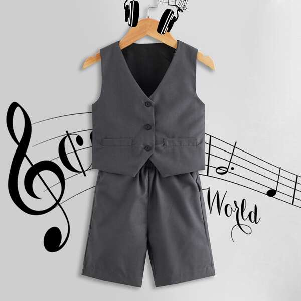

Toddler Boys Button Up Blazer Vest & Shorts, Dark grey