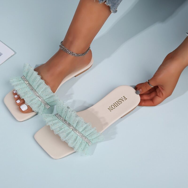 

Rhinestone Ruffle Band Slide Sandals, Baby blue