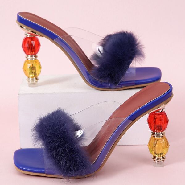 

Fluffy Sculptural Heeled Mule Sandals, Blue