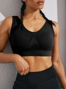 Yoga Basic Medium Support Solid Laser Cut Sports Bra - Black - View 1