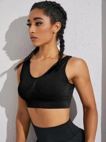 Yoga Basic Medium Support Solid Laser Cut Sports Bra - Black - View 3