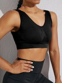 Yoga Basic Medium Support Solid Laser Cut Sports Bra - Black - View 4