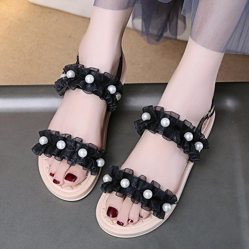 

Faux Pearl Ruffle Strap Sandals, Black