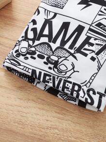 Boys Comic Print Drawstring Waist Shorts - Black and White - View 3