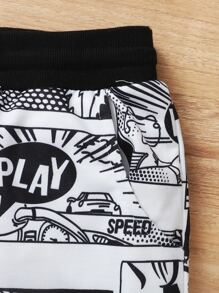 Boys Comic Print Drawstring Waist Shorts - Black and White - View 4