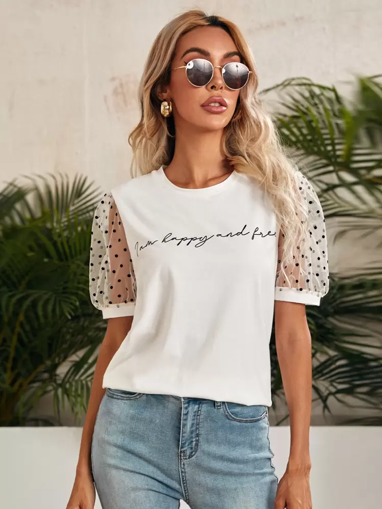 SHEIN Clasi Top avec imprimé et manches transparentes - Blanc - Voir 1