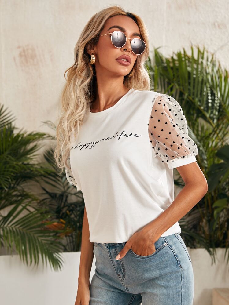 SHEIN Clasi Top avec imprimé et manches transparentes - Blanc - Voir 5