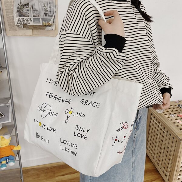

Letter Graphic Large Capacity Tote Bag, White