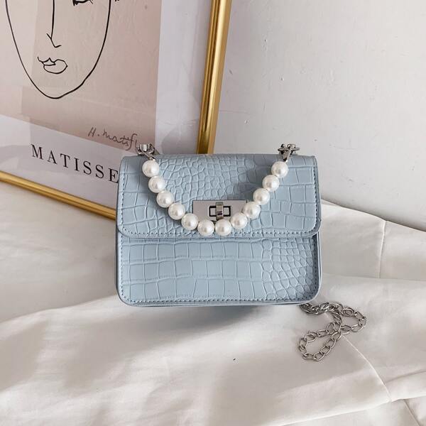 

Faux Pearl Decor Croc Embossed Satchel Bag, Blue