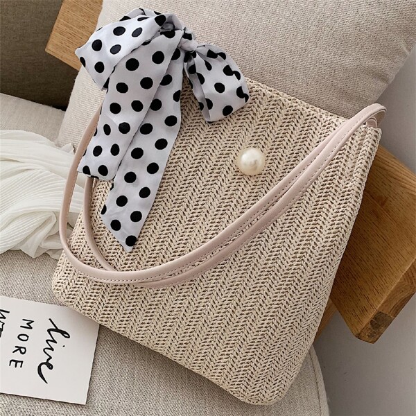 

Faux Pearl Decor Straw Bag, Beige
