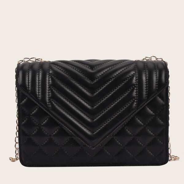 

Chevron & Quilted Flap Chain Bag, Black