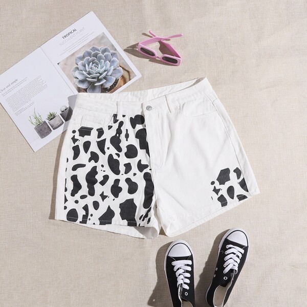 

Plus Cow Print Denim Shorts, White