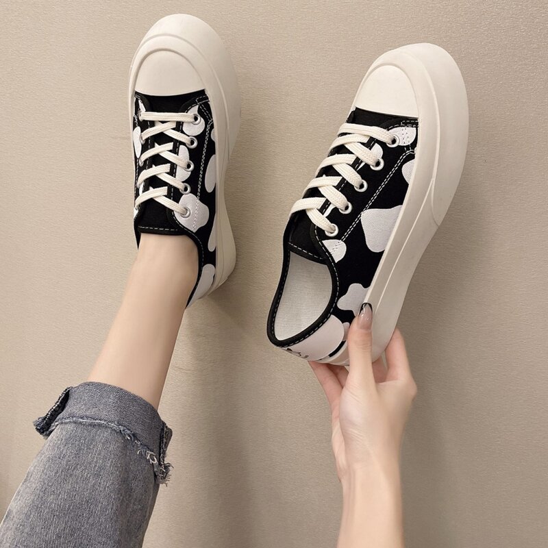 

Cow Print Lace-up Canvas Sneakers, Black