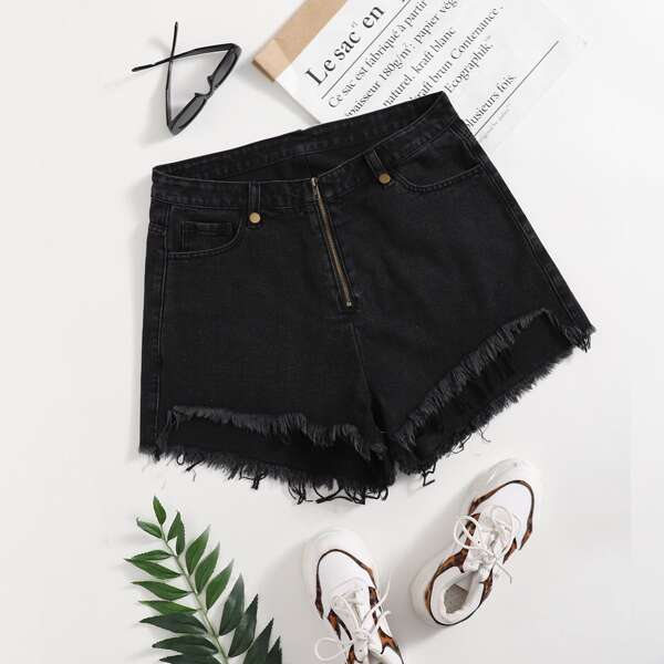 

Plus Zip Fly Asymmetrical Raw Hem Denim Shorts, Black
