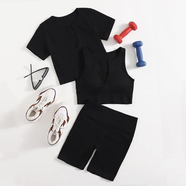 

3pcs Solid Ribbed Sports Bra & Tee & Biker Shorts, Black