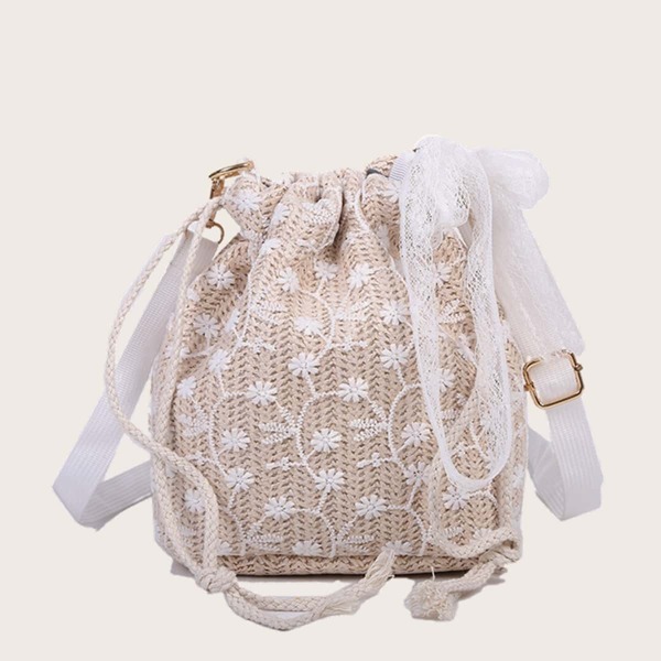 

Contrast Lace Straw Bucket Bag, White