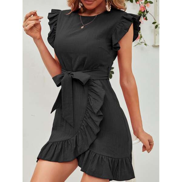 

Ruffle Trim Belted Fitted Dress, Black