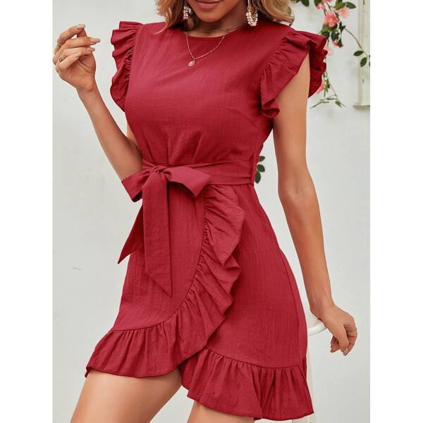 

Ruffle Trim Belted Fitted Dress, Burgundy