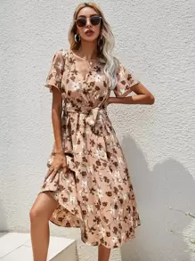 SHEIN LUNE Flutter Sleeve Belted Dress - Multicolor - View 1