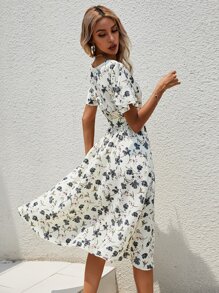 SHEIN LUNE Flutter Sleeve Belted Dress - Multicolor - View 2