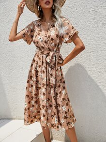 SHEIN LUNE Flutter Sleeve Belted Dress - Multicolor - View 3