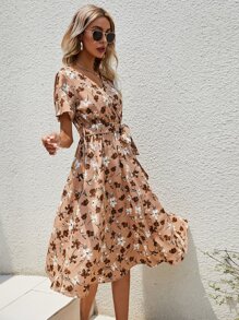 SHEIN LUNE Flutter Sleeve Belted Dress - Multicolor - View 5