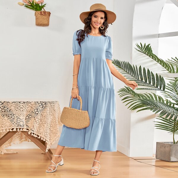 

Puff Sleeve Ruffle Hem Dress, Dusty blue
