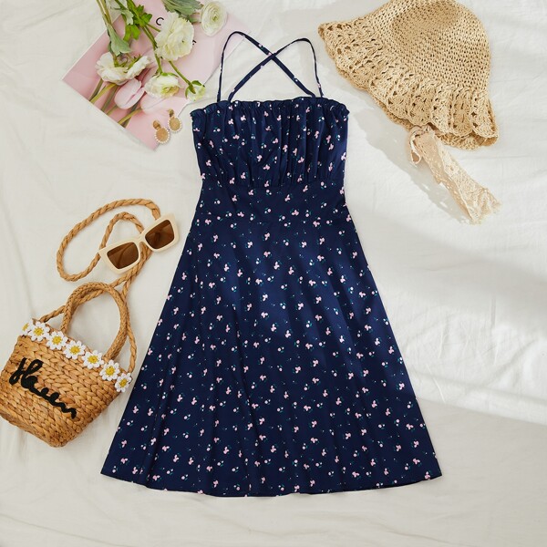 

Lace Up Backless Frill Trim Ditsy Floral Slip Dress, Navy blue