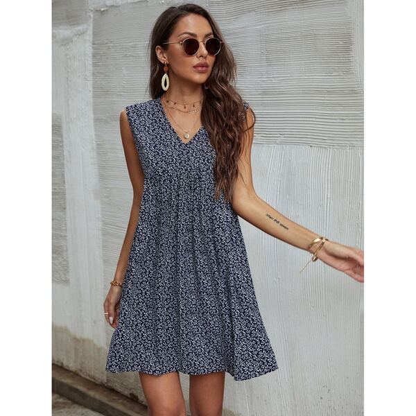 

Allover Plants Print Smock Dress, Navy blue