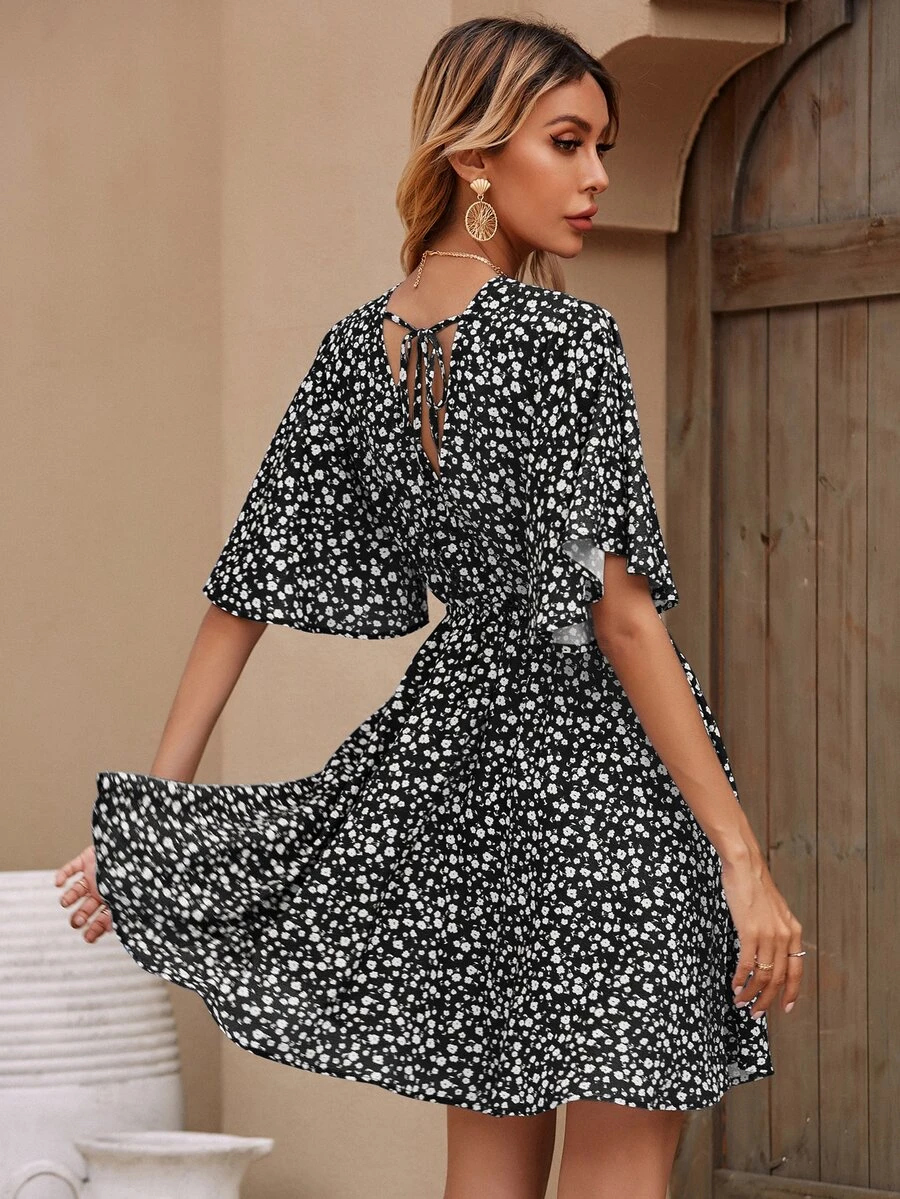 Ditsy Floral Tie Back Dress - Black and White - View 1