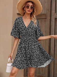 Ditsy Floral Tie Back Dress - Black and White - View 4