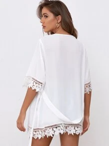 SHEIN 蕾丝边自系腰带和服，适合夏季海滩度假 - 白色 - 查看 2
