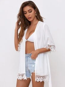 SHEIN 蕾丝边自系腰带和服，适合夏季海滩度假 - 白色 - 查看 4