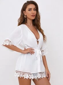 SHEIN 蕾丝边自系腰带和服，适合夏季海滩度假 - 白色 - 查看 5