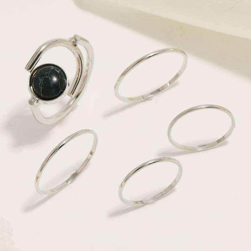 

5pcs Gemstone Decor Ring, Silver