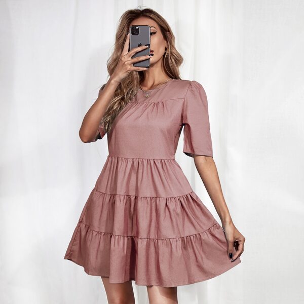

Solid Ruffle Hem Denim Dress, Dusty pink