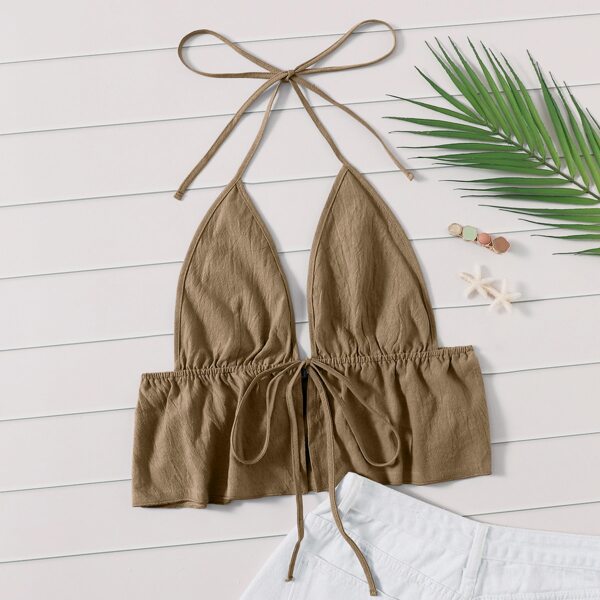 

Self-Tie Halter Flounce Crop Top, Khaki
