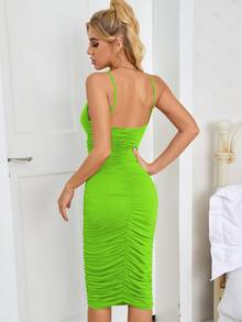 Solid Ruched Bodycon Cami Dress - Lime Green - View 2