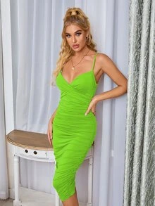 Solid Ruched Bodycon Cami Dress - Lime Green - View 6